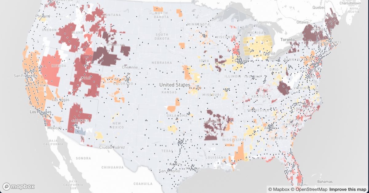Map of the continental United States with utility territories colored by derived effective electricity cost per dispensed kWh for DC fast charging, overlaid with dots marking every US Tesla Supercharger location.